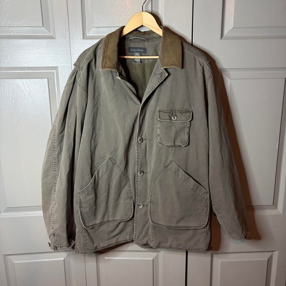 Banana Republic Mens Khaki Chore Jacket Brown Leather Collar Y2K Workwear Large